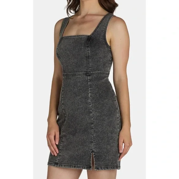 No Boundaries Womens Dress Size S Grey Wash Denim Square Neck Pinafore Mini - Picture 4 of 7